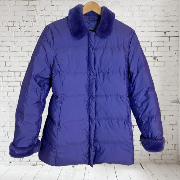 Jones New York Down Puffer Coat Jacket Sz M Womens Lavender Gray Faux Fur Collar - Picture 1 of 10